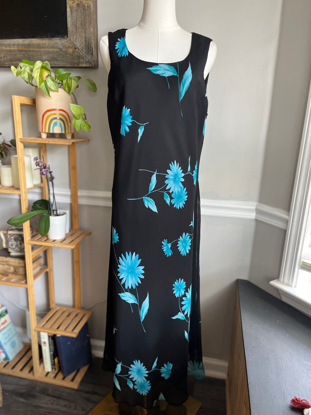 Vintage 90s Floral Maxi Dress Black Blue Sleeveless Size XL